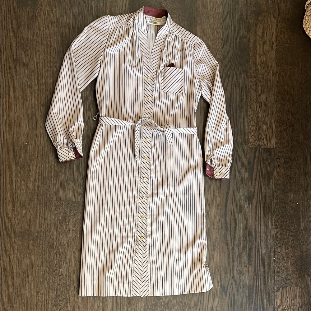 Vintage I Magnin Striped Cream and Brown‎ Women's shirt dress